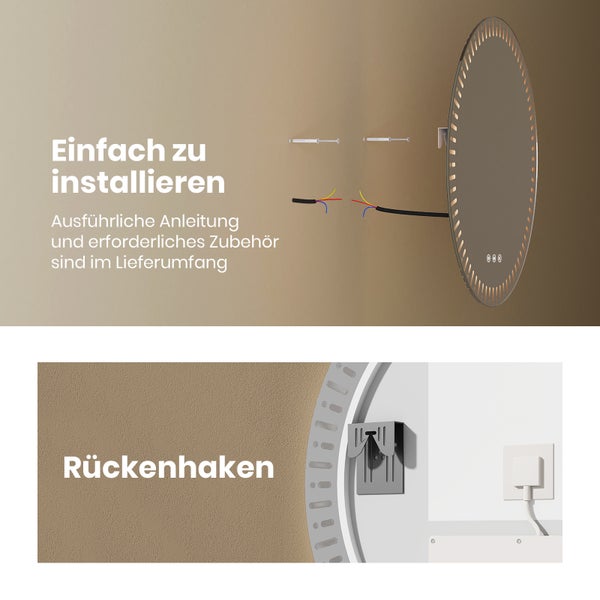 EMKE LED Badspiegel Ø50 cm, rundumlaufende LED-Hintergrundbeleuchtung, Touchschalter, 3 Farbtemperaturen, dimmbar, Antibeschlag, IP44, für Badezimmer