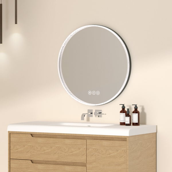 EMKE LED Badspiegel Ø60 cm, Touchschalter, 3 Farbtemperaturen einstellbar, dimmbar, Antibeschlag, Memory-Funktion, Acrylrahmen in Schwarz, IP44, für Bad