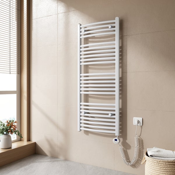 EMKE Elektrischer Badheizkörper mit Thermostat 120x50 cm, Handtuchtrockner mit Heizstab und Timer, Gebogenes Design, Weiß, 500W