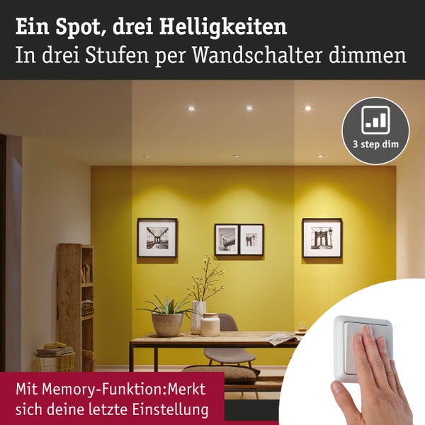 Deckenspots mit drei Helligkeitsstufen in Wohnraum