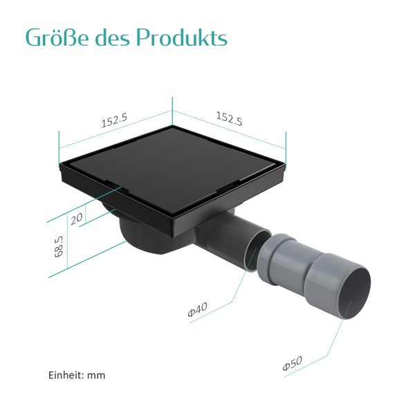 EMKE Duschrinne Quadratischer Bodenablauf 2 in 1 Komplettset Edelstahl Duschrinne mit Bodenablaufabdeckung,Geruchsstop und Haarsieb Randablauf Schwarz