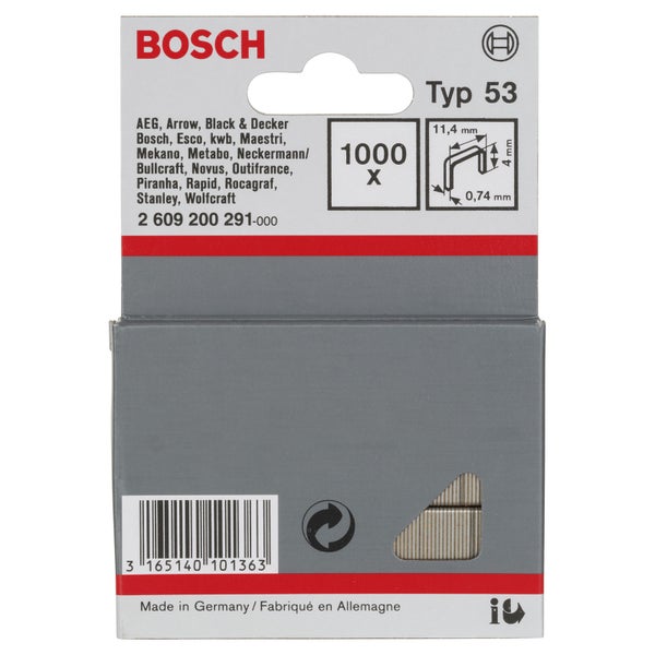 Bosch Logo. 1000 Stück Typ 53 Tackerklammern mit den Maßen 11,4 x 4 x 0,74 Millimeter.