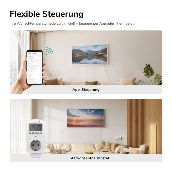 Flexible Steuerung eines Heizungsthermostats per App oder direktem Steckdosenthermostat im modernen Wohnraum.