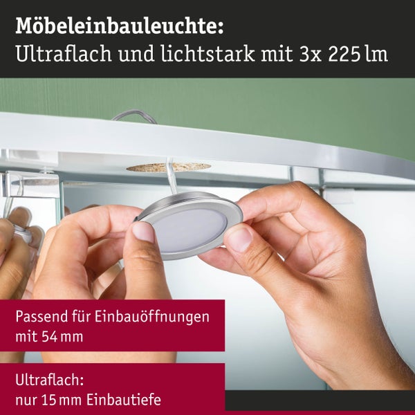 LED Möbeleinbauleuchten 3er-Set rund 65mm 3x2,5W 3x180lm 230/12V 3000K Eisen gebürstet