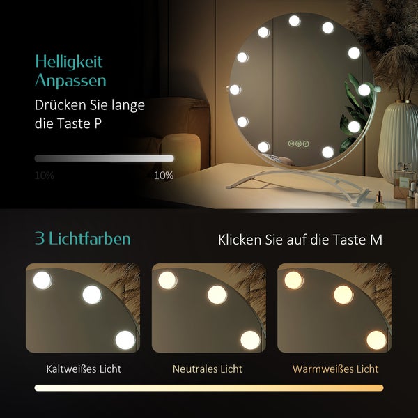 EMKE Hollywood Schminkspiegel Ø40 cm, LED-Tischspiegel mit Touch-Funktion, 9 dimmbare Leuchtmittel, 3 Lichtfarben, 7x Vergrößerung, Memory-Funktion, 360° drehbar, bohrfrei, Weiß – für Schminktisch & Schlafzimmer