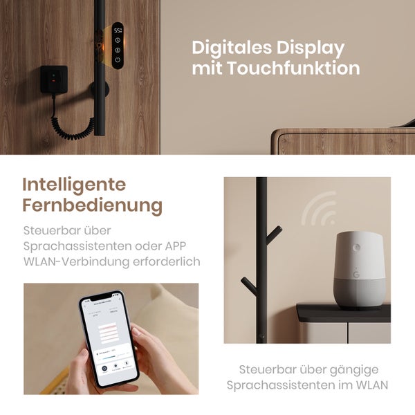 EMKE Elektrischer Handtuchheizkörper – 110 W, LED-Display, Intelligentes Thermostat, WiFi/APP-Steuerung, Timer, für Badezimmer und Flur, 150 cm hoch, Schwarz