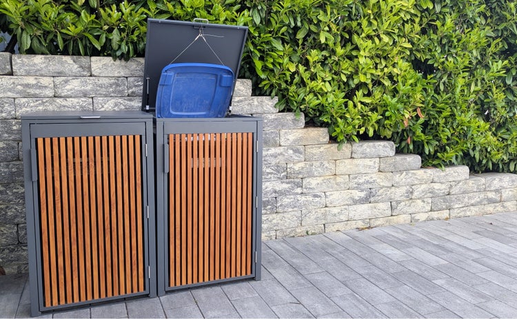 PANELO Mülltonnenbox anthrazit (4er Box) in exklusiver Holzoptik | wetterfest & robust | Mülltonnenverkleidung (Mülltonne 60L - 240L) | Müllhaus | Mülleimerunterstand