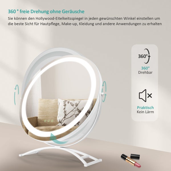 EMKE Kosmetikspiegel mit Beleuchtung ф40cm, Tisch-Standspiegel, 3 dimmbare Lichtfarben, Touchsteuerung, 360° drehbar, 4mm HD-Spiegelfläche mit matter Kante, für Schlafzimmer, Weiß
