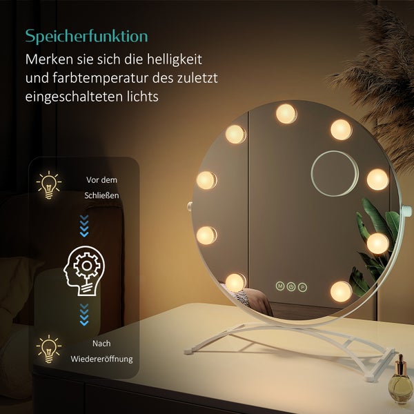 EMKE Hollywood Schminkspiegel Ø40 cm, LED-Tischspiegel mit Touch-Funktion, 9 dimmbare Leuchtmittel, 3 Lichtfarben, 7x Vergrößerung, Memory-Funktion, 360° drehbar, bohrfrei, Weiß – für Schminktisch & Schlafzimmer