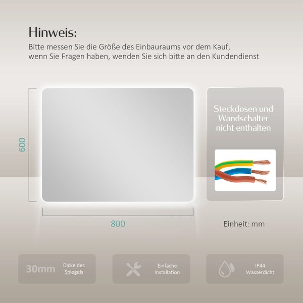 EMKE Badspiegel mit Beleuchtung 80 x 60 cm, Kaltweiß, rostfreier Spiegel, IP44, horizontal & vertikal montierbar, für Bad geeignet
