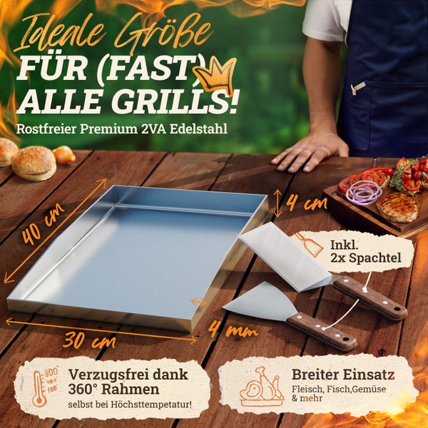 LIKAYA Plancha Edelstahl Grillplatte [ohne Loch - 30x40cm] – Verzugsfreier 4mm Edelstahl inkl 2x Grillspachtel mit FSC-Akazienholzgriff – Perfekt für Smash Burger, Gemüse & mehr!