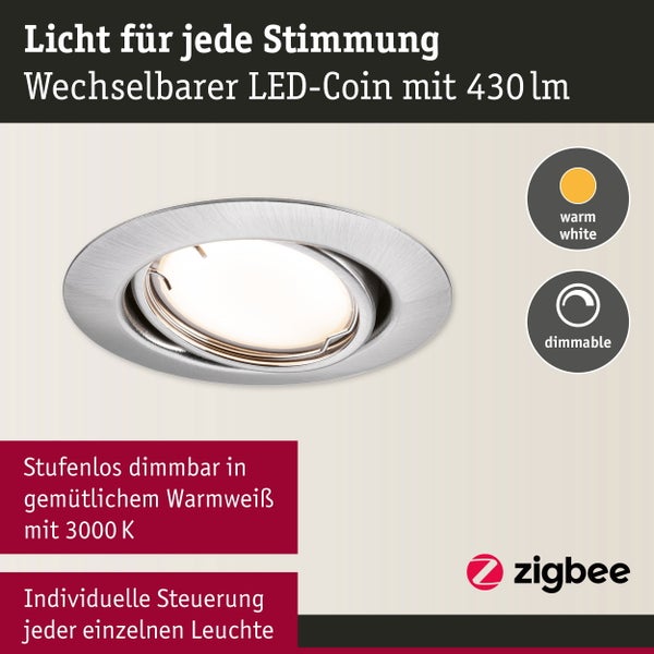 LED Einbauleuchte Smart Home Zigbee 3.0 Base Coin Basisset schwenkbar rund 90mm 20° Coin 3x4,9W 3x430lm 230V dimmbar 3000K Eisen gebürstet
