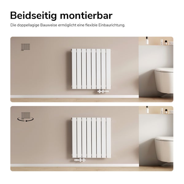 Flachheizkörper mit beidseitiger Montagemöglichkeit für eine flexible Installation im Badezimmer mit Wandanschluss.