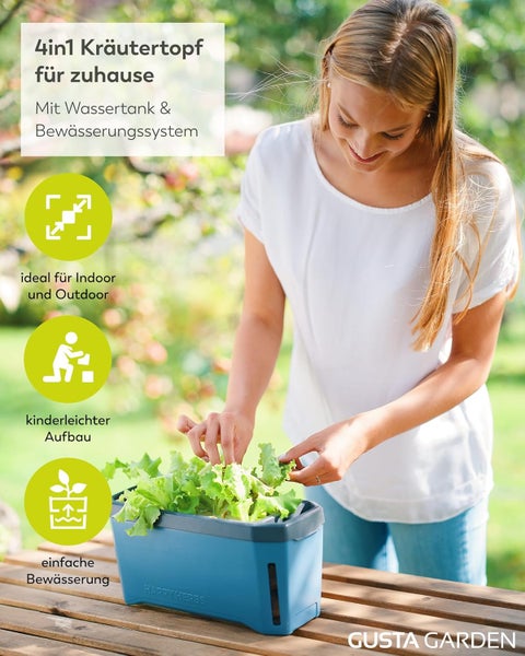 Frau bepflanzt Kräutertopf mit Bewässerungssystem für drinnen und draußen