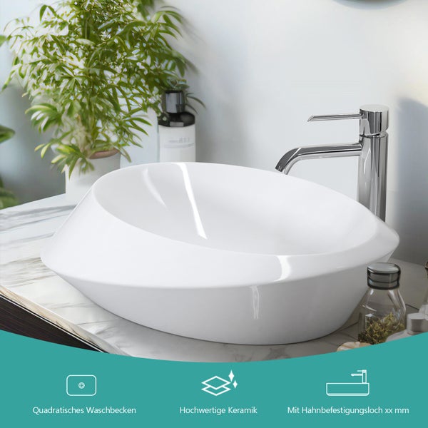 EMKE Aufsatzwaschbecken 600 × 450 mm, Ovales Design-Waschbecken, Keramik, asymmetrisch, glänzend Weiß, Handwaschbecken für Badezimmer, Höhe 145 mm