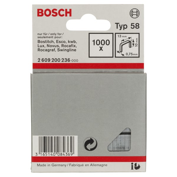 Bosch Logo. 1000 Stück Typ 58 Klammern mit den Maßen 13 Millimeter, 10 Millimeter und 0,75 Millimeter