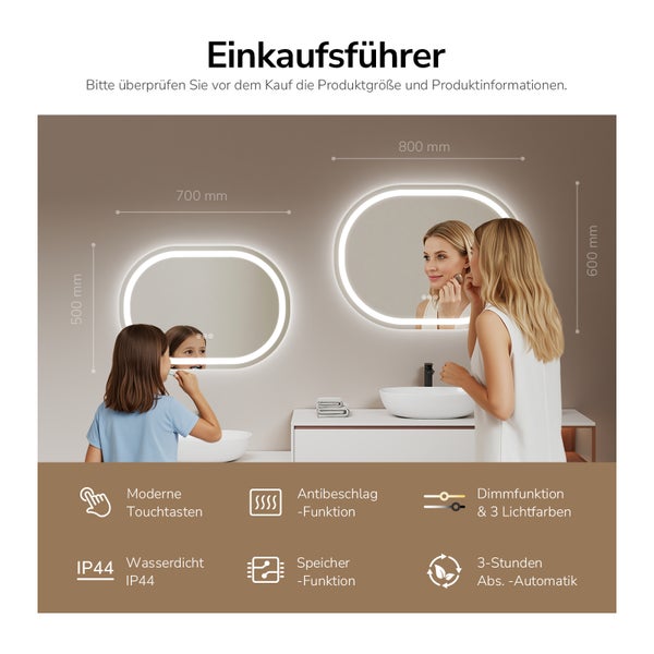Modernes Badezimmer mit zwei beleuchteten Spiegeln, Touchtasten, Antibeschlagfunktion, Dimmfunktion, drei Lichtfarben, Speicherfunktion, drei Stunden Abschaltautomatik und IP44 Wasserdichtigkeit