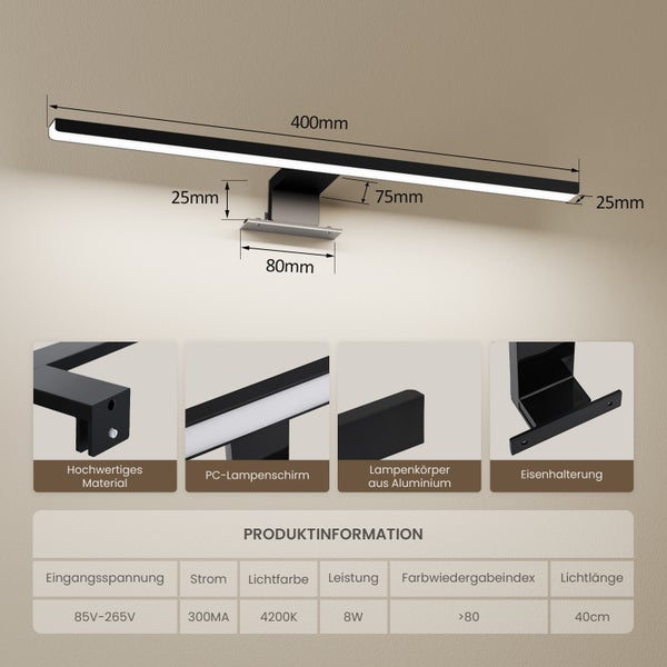 Wandleuchte aus Aluminium mit den Maßen 400 mm Länge, 75 mm Tiefe und 25 mm Höhe