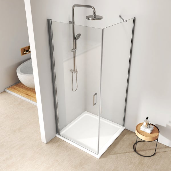 EMKE Eck-Duschkabine 75 x 90 cm mit Drehtür und Seitenwand, 6 mm ESG Sicherheitsglas, teilgerahmt, Pflegeleicht, 195 cm Höhe
