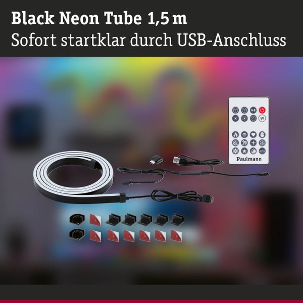 Schwarze Neonröhre 1,5 Meter mit USB Anschluss, Befestigungsclips und Fernbedienung