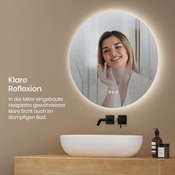 EMKE Badspiegel mit Beleuchtung LED-Spiegel mit Touchschalter ф50cm,  rund, Anti-Beschlag, 3 dimmbare Lichtfarben