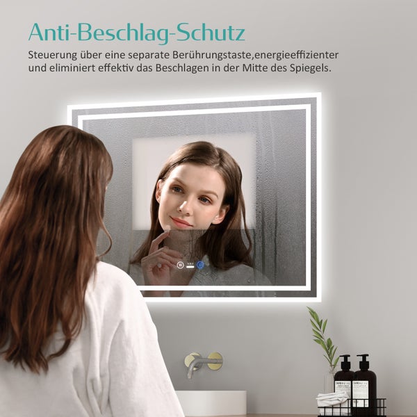 EMKE Badspiegel mit Beleuchtung 70 x 50 cm, Touch- & Sensorschalter, Anti-Beschlag, dimmbar, Warmweiß/Neutralweiß/Kaltweiß, 51 W, Aluminiumrahmen Weiß, flexibel montierbar, für Badezimmer