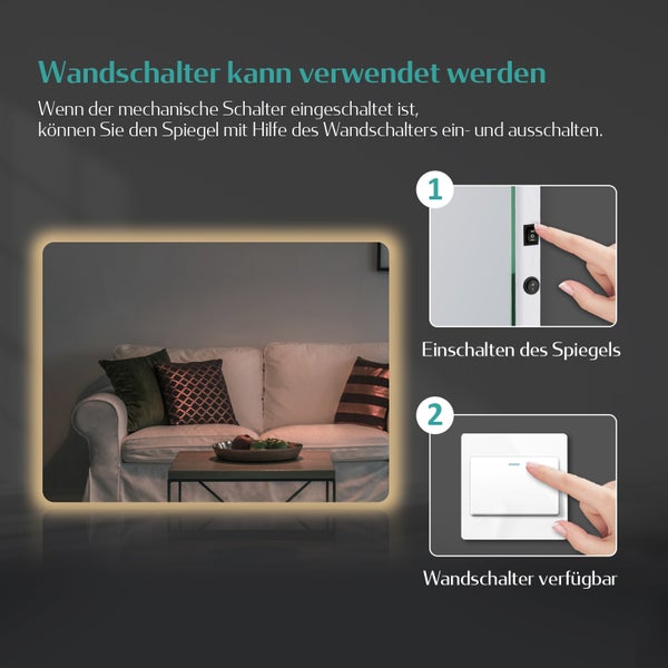 EMKE Badspiegel mit Beleuchtung 60 x 50 cm, Warmweiß/Kaltweiß, beschlagfrei, LED-Rückbeleuchtung, Kippschalter, IP44, für Bad