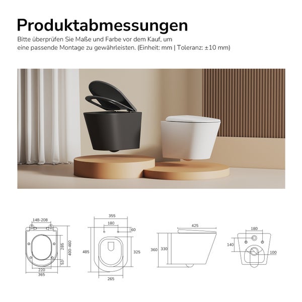 Produktabmessungen von zwei Wand WCs mit den dazugehörigen technischen Zeichnungen.