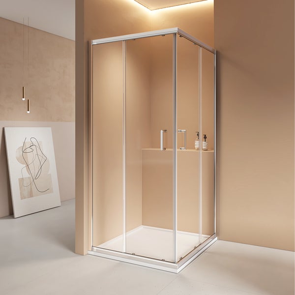 EMKE Eck-Duschkabine 80x80 cm, 5 mm ESG Sicherheitsglas mit Nano-Beschichtung, Doppelte Schiebetüren, Vollrahmen, Aluminiumrahmen, Platzsparend, Verstellbar bis 20 mm, Für Badezimmer