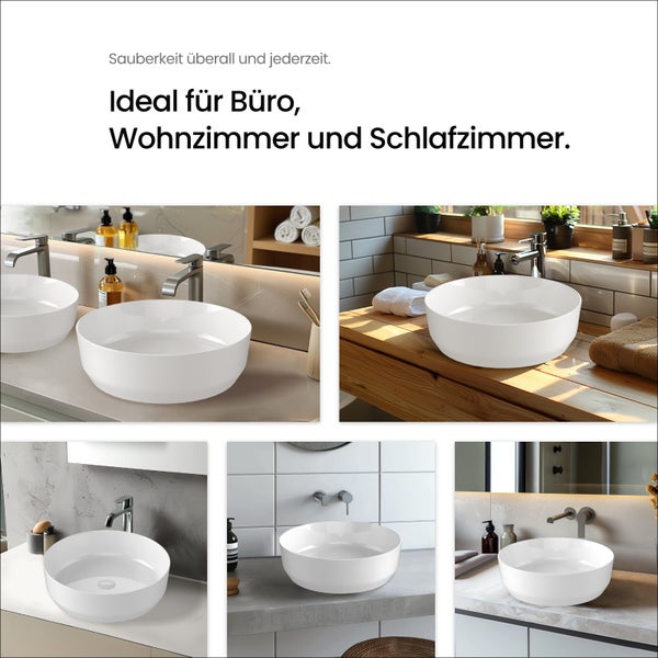 Verschiedene Ansichten eines Aufsatzwaschbeckens im Badezimmer.