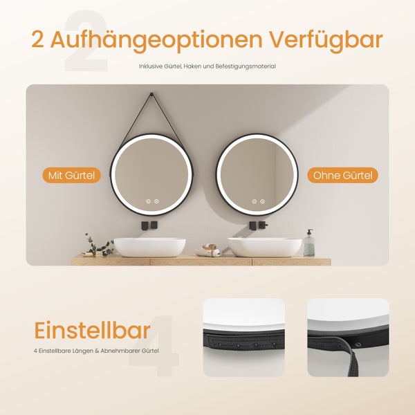 EMKE Badspiegel mit Beleuchtung ф60cm, Kaltweiß, Touchschalter & Antibeschlag, rostfreier Spiegel, für Badezimmer