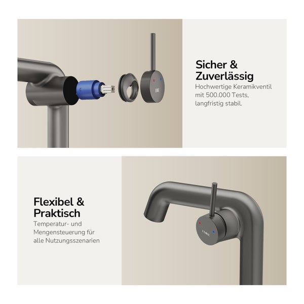 Detailansicht einer Armatur mit Keramikventil für zuverlässige Temperatur- und Mengensteuerung
