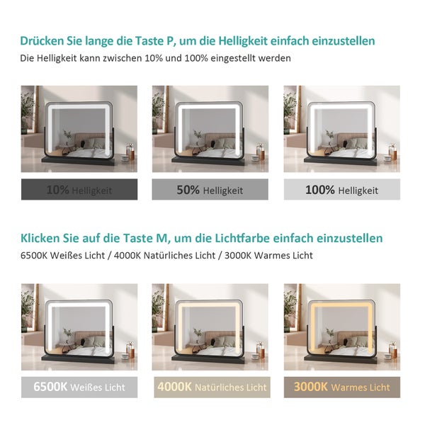EMKE LED-Kosmetikspiegel, Standmodell mit Touchschalter und Speicherfunktion, dimmbarertischspiegel 60x52cm, Schminktisch-Spiegel 360° drehbar, mit 3 Lichtfarben, netzbetrieben, Schwarz