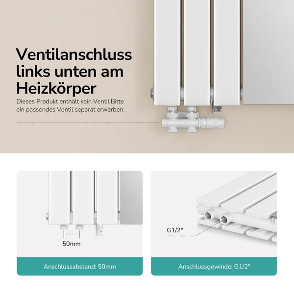 Technische Details zum Heizkörperanschluss: Ventilanschluss links unten, Anschlussabstand 50 Millimeter und G 1/2 Zoll Anschlussgewinde.
