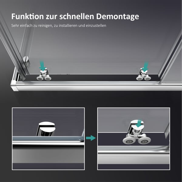 Detailansicht einer Duschkabine mit Funktion zur schnellen Demontage für einfache Reinigung, Installation und Einstellung