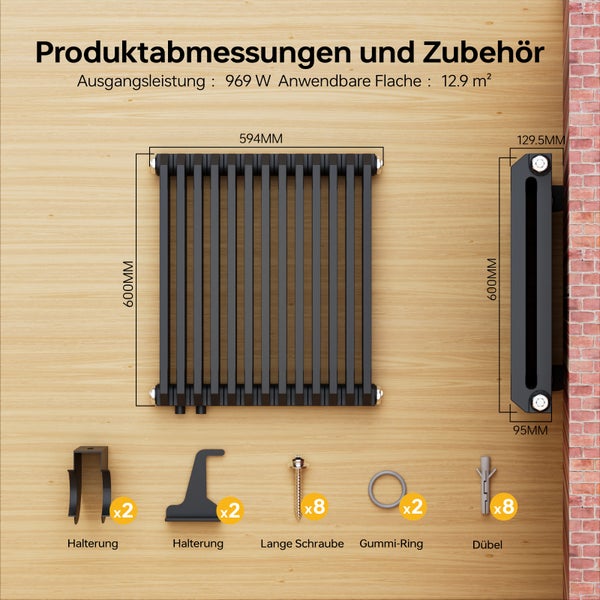Produktabbildung mit Maßangaben und Zubehör für einen Heizkörper mit einer Ausgangsleistung von 969 Watt und einer anwendbaren Fläche von 12.9 Quadratmeter.
