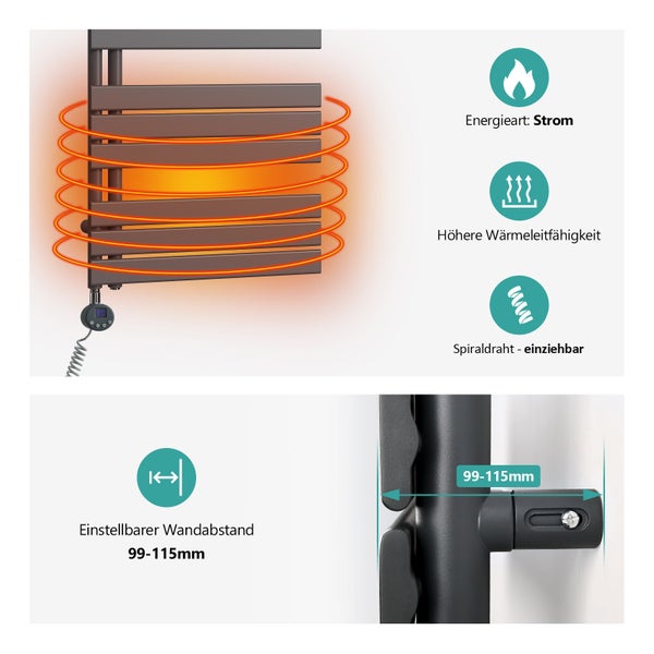 EMKE Elektrischer Handtuchheizkörper 104x50 cm, Design-Paneelheizkörper mit Thermostat & Timer, 600 W, vertikaler Flachheizkörper, Anthrazit, seitlich offen, für Badezimmer