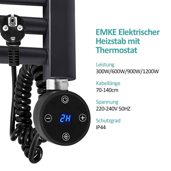 EMKE Heizstab Badheizkörper 300W mit Thermostat & LCD Display, Edelstahl, IP44, Timer & Schlafmodus, Schwarz, 380×60×40 mm