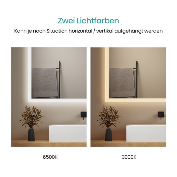 EMKE Badspiegel mit LED-Beleuchtung 120 x 60 cm, Kalt-/Warmweiß, Kippschalter, Anti-Beschlag, Spiegelglas 5 mm kupferfrei & rostfrei