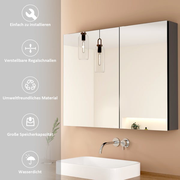 EMKE Spiegelschrank 850x145x650 mm, Grau, Rechteckig, Horizontal, 3 Innenräume, 3mm Rostfreies Spiegelglas, Mit Silent-Design Dämpfungsscharnieren, Badezimmer-Aufbewahrungsschrank, für Bad