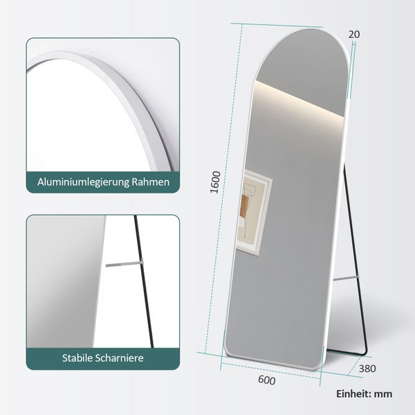 EMKE Bogen Standspiegel Ganzkörperspiegel mit Rahmen aus Aluminiumlegierung für Wohn-,Schlaf-, Aufenthalt und Ankleidezimmer, Weiß, 140x40cm