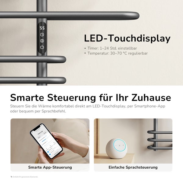 Handtuchheizkörper mit LED Touchdisplay, Timer und Temperatursteuerung, App-Steuerung sowie Sprachsteuerung für ein smartes Zuhause.
