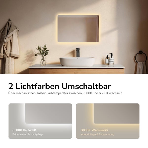 Beleuchteter Spiegel über einem Waschtisch mit Waschbecken und Armatur