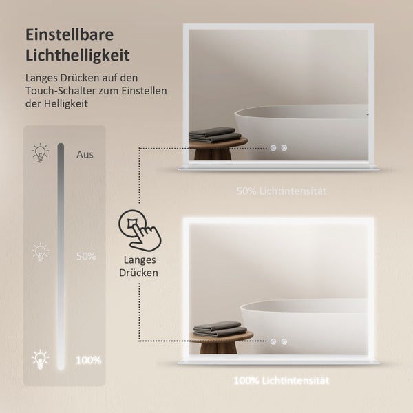 EMKE LED Badspiegel mit Ablage 80x60 cm, Kaltweiß, dimmbar, Touch-Schalter, Anti-Beschlag, mattierte Kanten, IP44, für Badezimmer geeignet