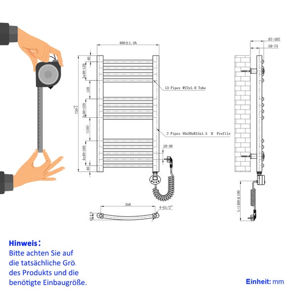 EMKE Elektrischer Badheizkörper 750×400 mm, 250 W, mit Thermostat & Timer, Gebogener Handtuchwärmer mit Heizstab, Temperaturregelbar, Weiß, für Badezimmer
