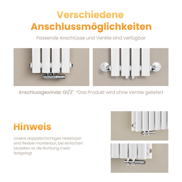 EMKE Heizkörper 1800×240 mm, vertikal, Design Röhrenheizkörper, Doppelrohr Ovalprofil, Weiß glänzend, 678 W, Warmwasser, Mittelanschluss, für Badezimmer