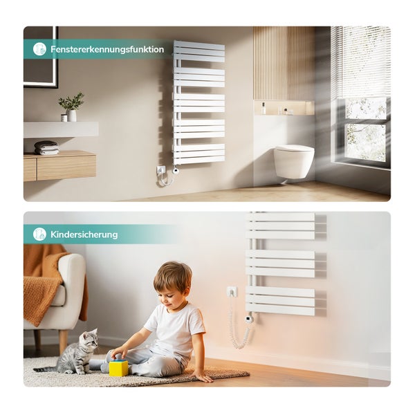 Zwei Abbildungen zeigen einen weißen Heizkörper, wobei das obere Bild eine Fenstererkennungsfunktion und das untere Bild eine Kindersicherung hervorhebt.