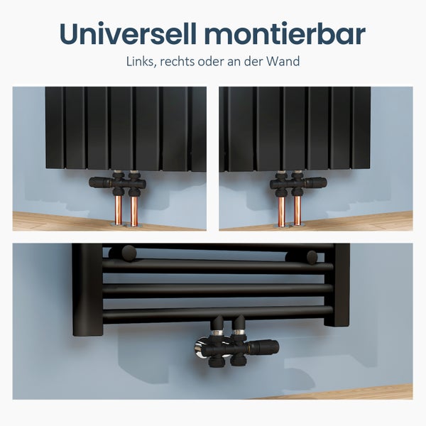 Bild zeigt die universelle Montage von Heizkörpern, entweder links, rechts oder an der Wand.