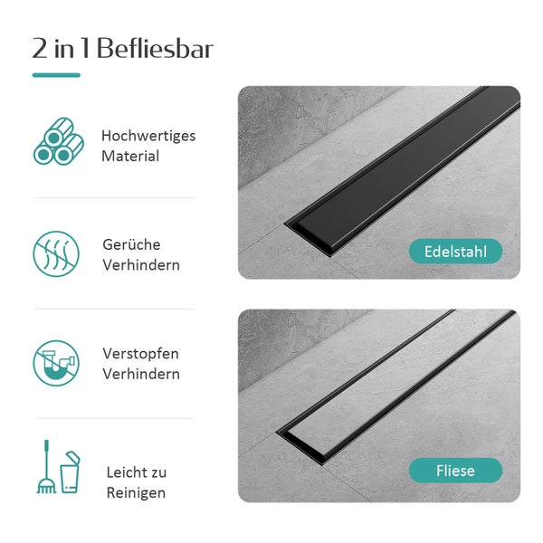EMKE Duschrinne Edelstahl 2-in-1 Komplettse, 500mm, Befliesbar, Extra Flach, Schwarz mit Haarsieb und Siphon - Standardgröße Adapter 40/50mm, Einbauhöhe 77-96mm, Wasserdurchfluss 30L/Min.