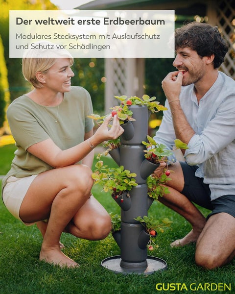 Modulares vertikales Erdbeer-Pflanzsystem in einem hellen Garten. Zwei Personen ernten Erdbeeren vom anthrazitfarbenen Erdbeerturm. Gusta Garden Logo.